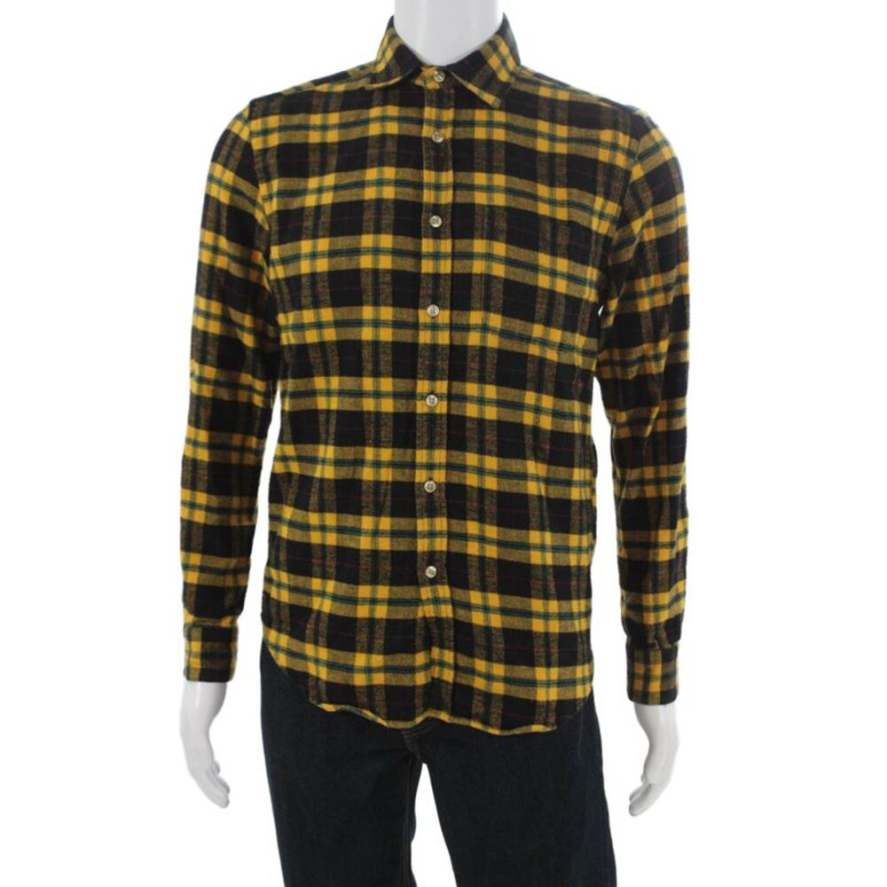 Portuguese Mens Plaid Collared Long Sleeve Button-Down Shirt Yellow Size S